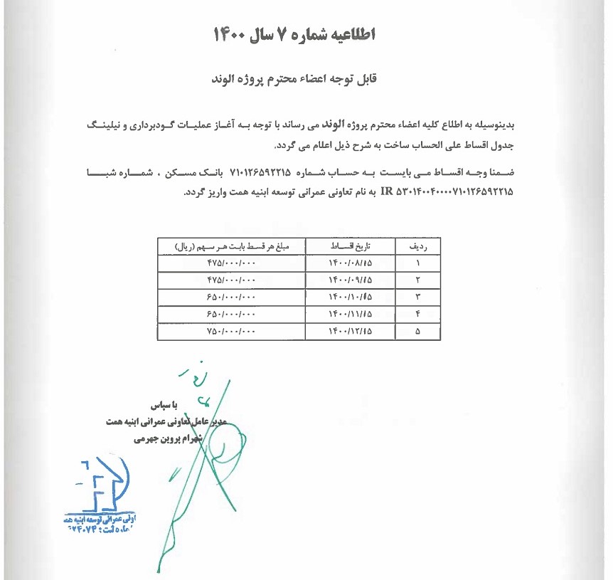 اقساط سال 1400 پروژه الوند-مشاورین مسکن رسام